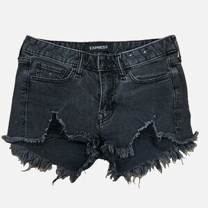 EXPRESS Women's 00 Shortie Relaxed Low-Rise Distressed Black Denim Jean Shorts